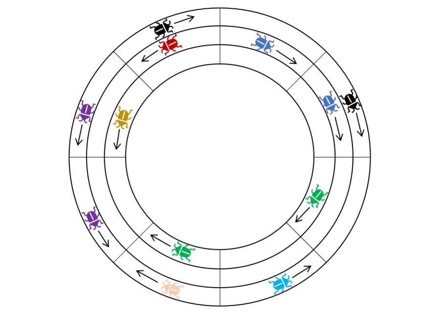 Agents marching on a ring with multiple tracks