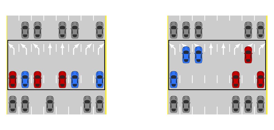Red and blue cars reordered on parallel rows